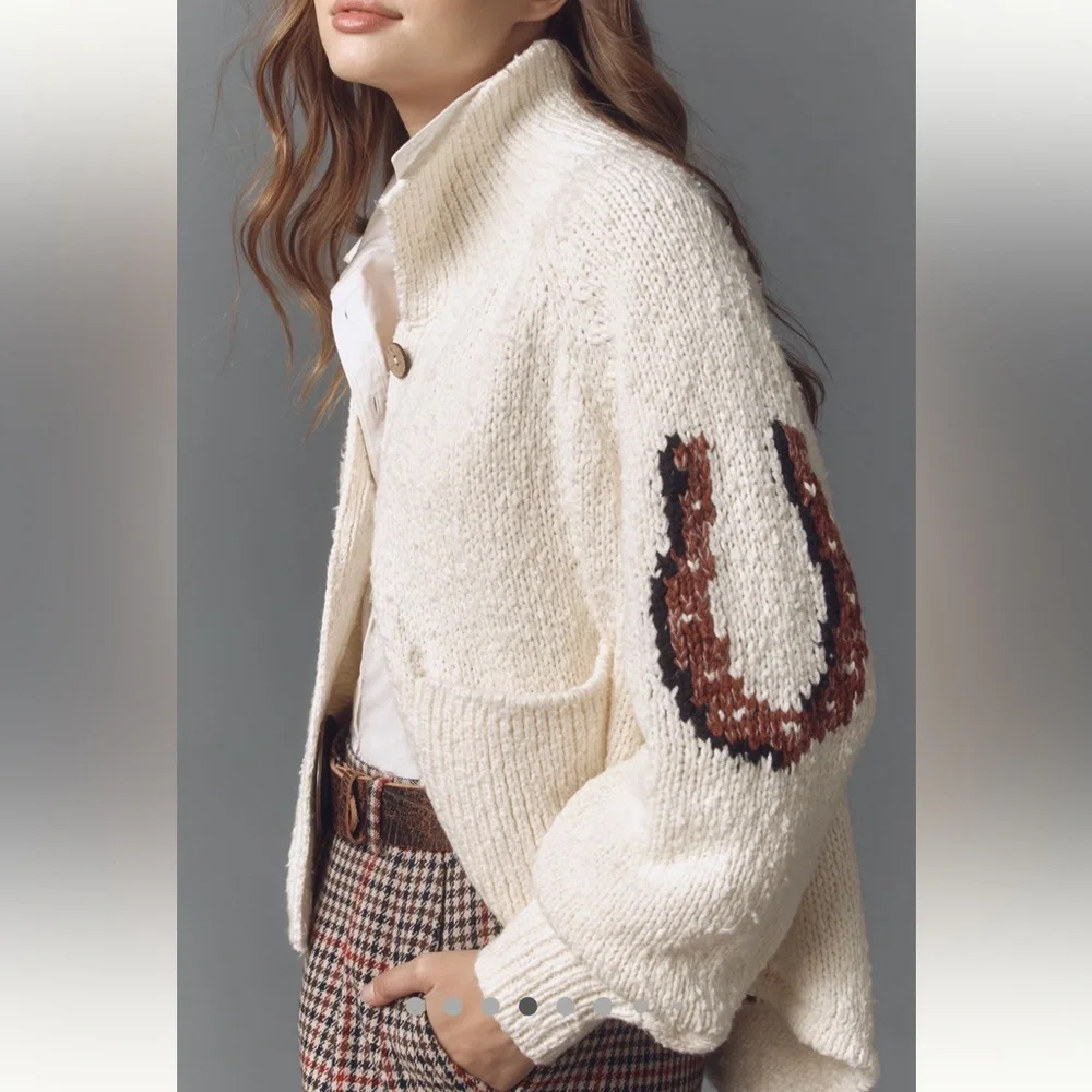 Anthropologie Cream Cardigan Sweater with Brown Horse Intarsia - Picture 4 of 16